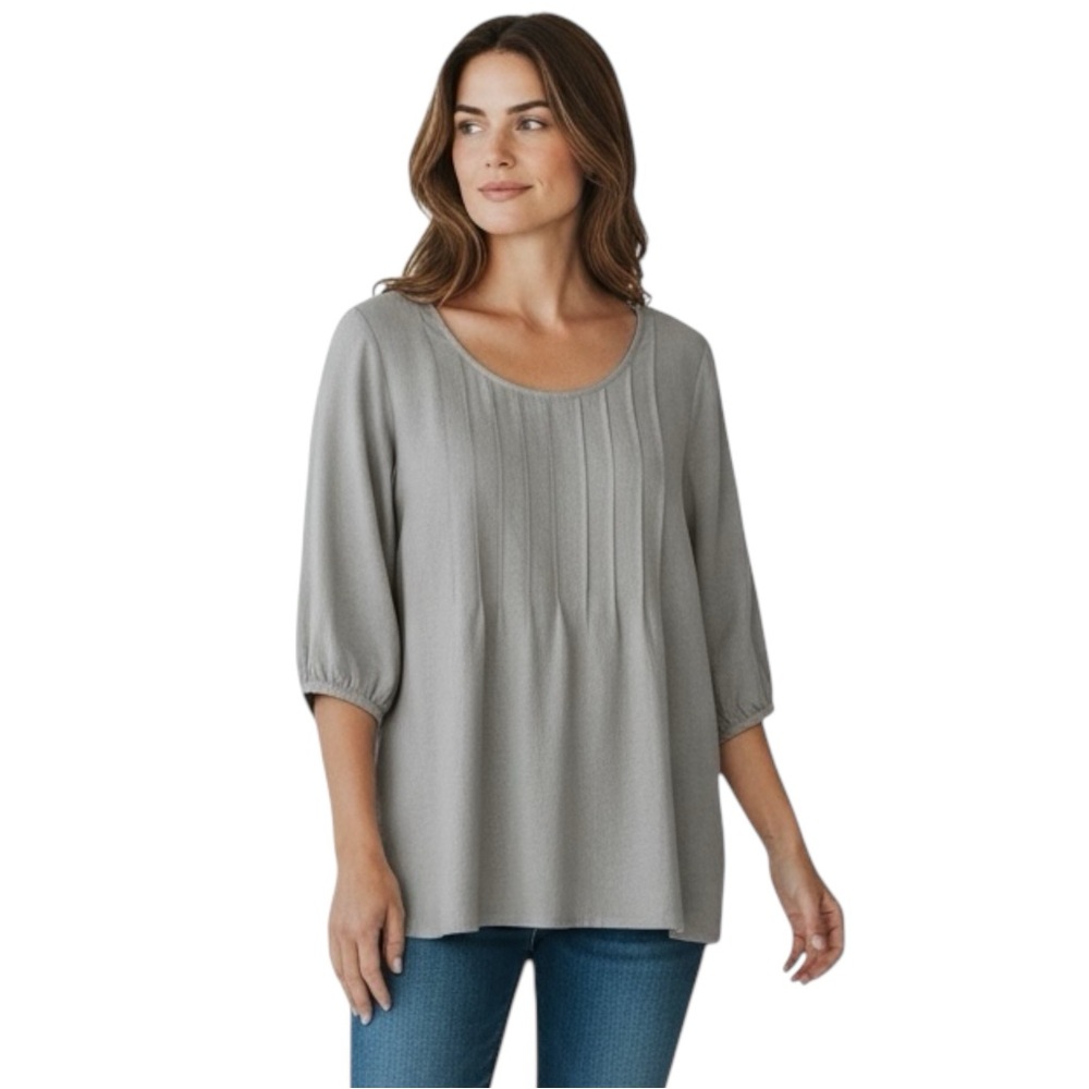 SOFT SURROUNDINGS Pintuck Peasant Boho Natural Cotton Longline Tunic in Tan MED - Picture 2 of 12